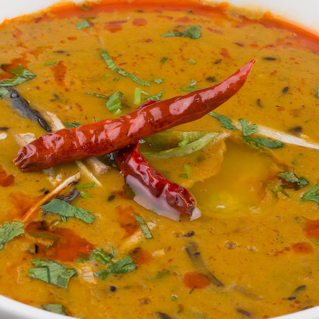 Dal tadka with dried red chilies and coriander